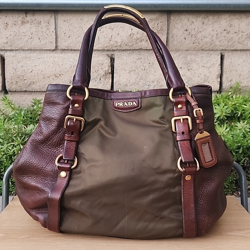 Prada Milano Green Nylon and Brown Leather Hobo Shoulder Bag with Gold hardware